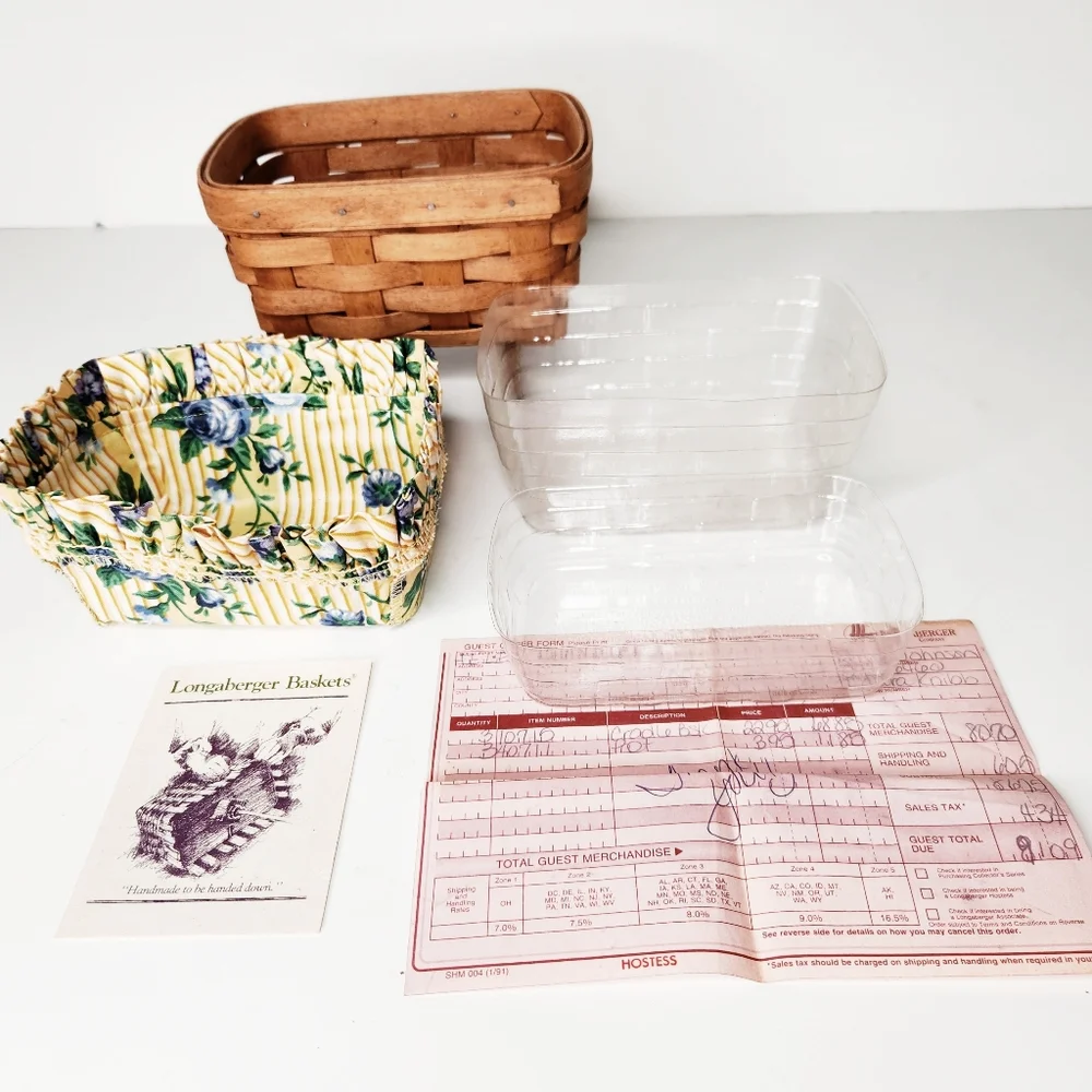 Vintage 1993 Longaberger Cradle Basket with Cloth and Plastic Liner Paperwork
